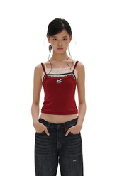 Faux Three - Piece Layered Lace Trim Textured Mesh Cami Top - COPPING THREADS - MOROMORO